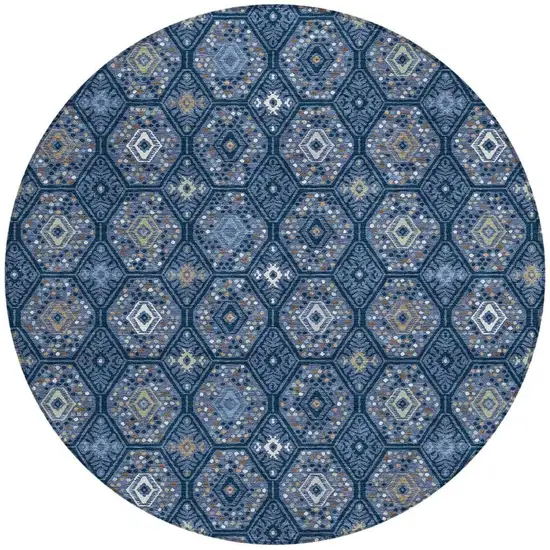 8' Navy Blue And Blue Round Geometric Washable Indoor Outdoor Area Rug Photo 3