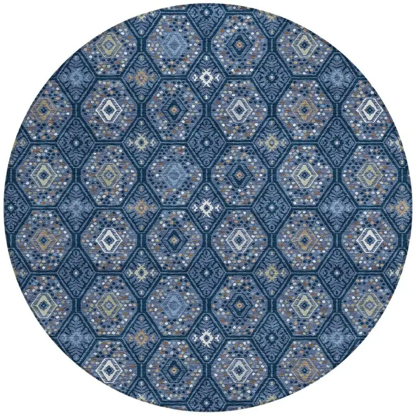 8' Navy Blue And Blue Round Geometric Washable Indoor Outdoor Area Rug Photo 3