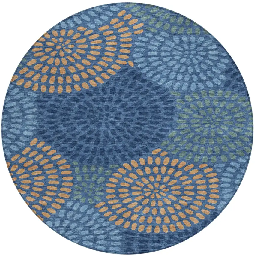 8' Navy Blue And Blue Round Geometric Washable Indoor Outdoor Area Rug Photo 2
