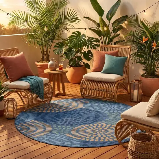 8' Navy Blue And Blue Round Geometric Washable Indoor Outdoor Area Rug Photo 1
