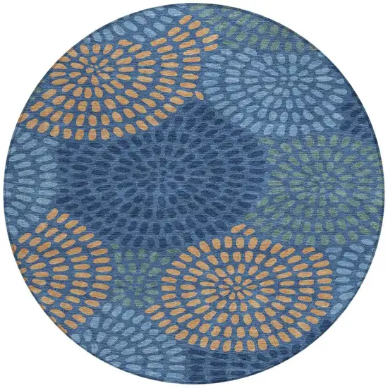 8' Navy Blue And Blue Round Geometric Washable Indoor Outdoor Area Rug Photo 4