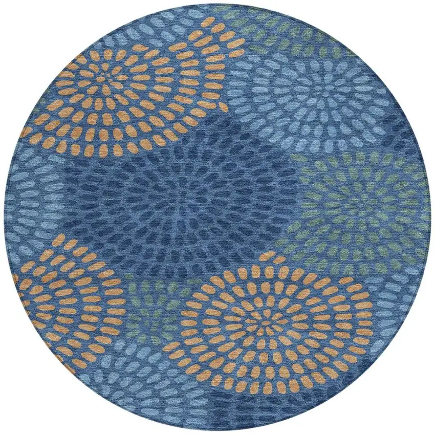 8' Navy Blue And Blue Round Geometric Washable Indoor Outdoor Area Rug Photo 4