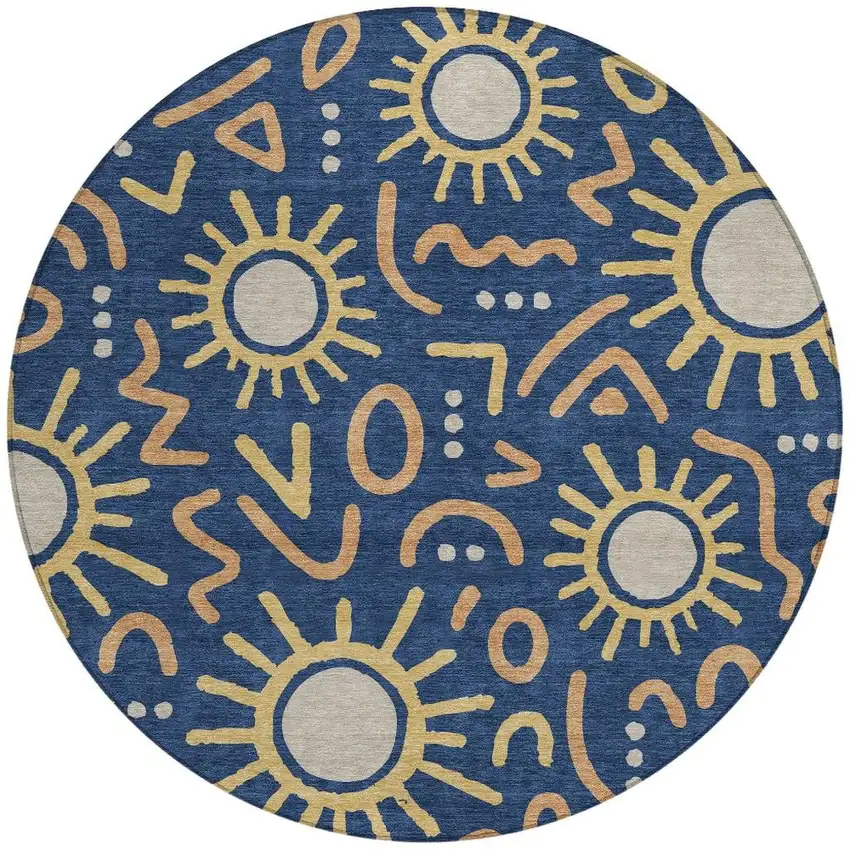 8' Navy Blue And Blue Round Geometric Washable Indoor Outdoor Area Rug Photo 3