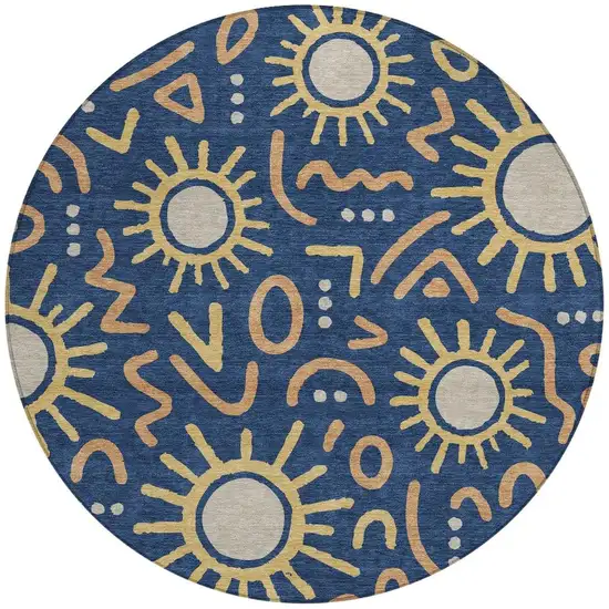 8' Navy Blue And Blue Round Geometric Washable Indoor Outdoor Area Rug Photo 3