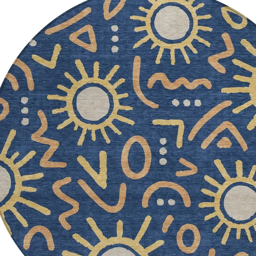8' Navy Blue And Blue Round Geometric Washable Indoor Outdoor Area Rug Photo 2