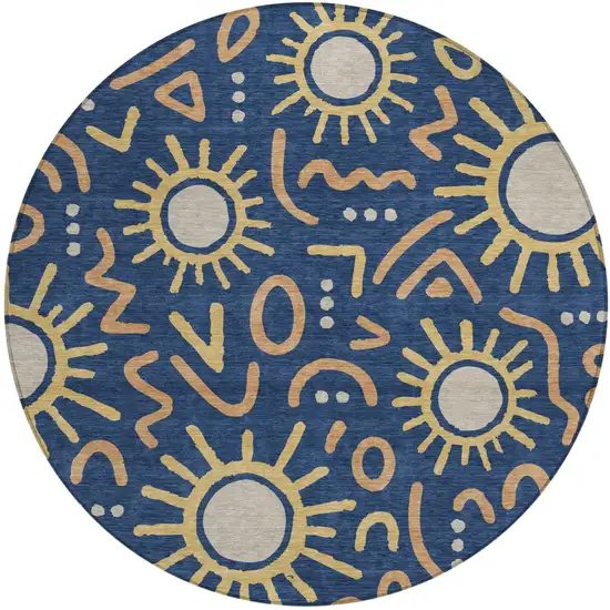 8' Navy Blue And Blue Round Geometric Washable Indoor Outdoor Area Rug Photo 1