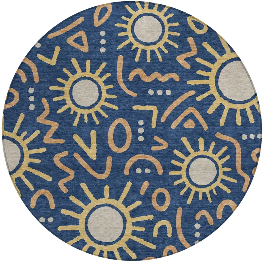 8' Navy Blue And Blue Round Geometric Washable Indoor Outdoor Area Rug Photo 1