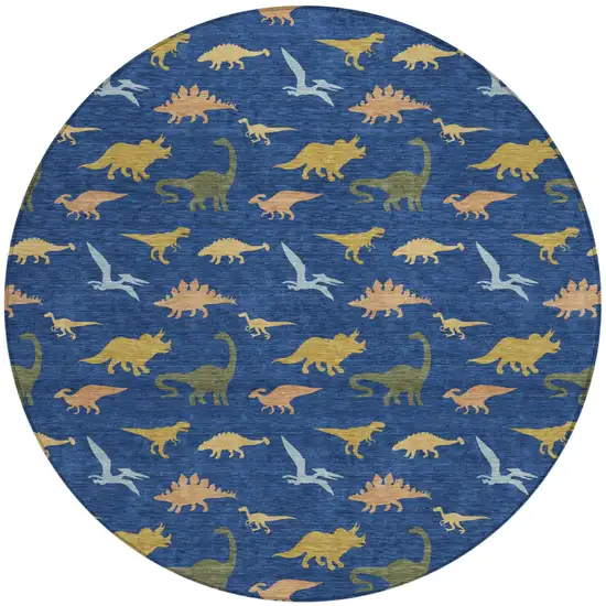 8' Navy Blue And Blue Round Geometric Washable Indoor Outdoor Area Rug Photo 1