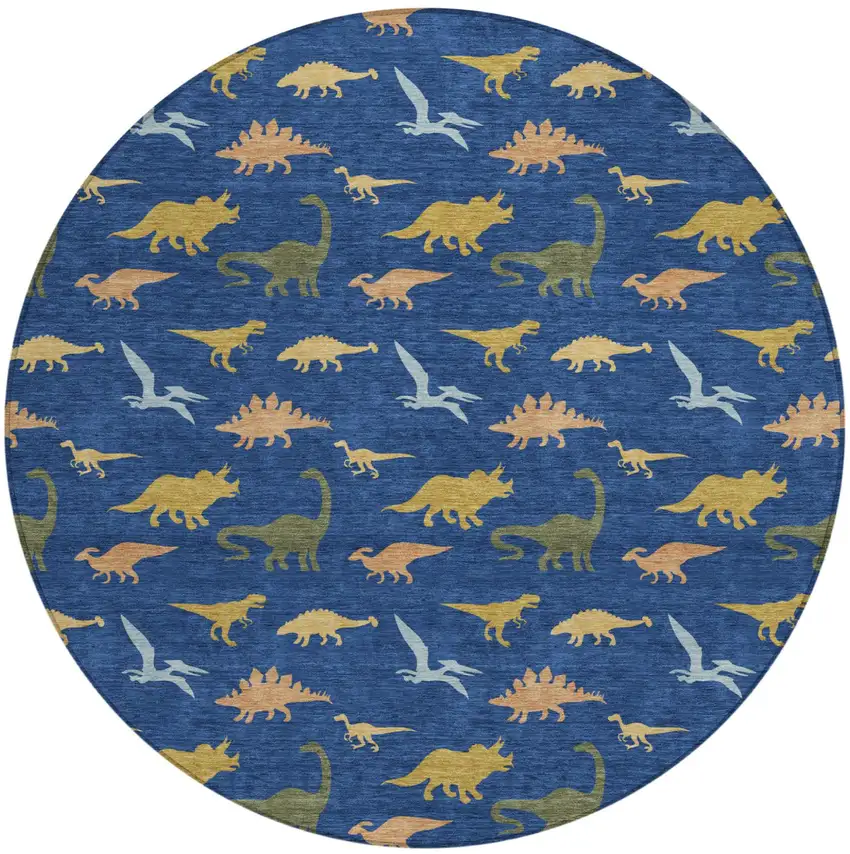 8' Navy Blue And Blue Round Geometric Washable Indoor Outdoor Area Rug Photo 1