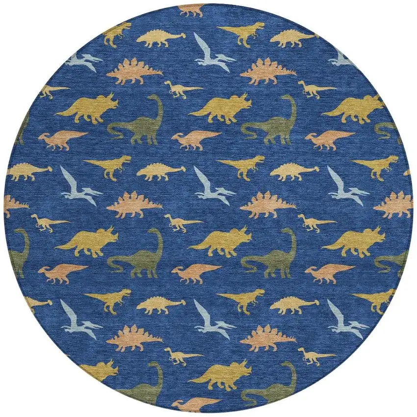 8' Navy Blue And Blue Round Geometric Washable Indoor Outdoor Area Rug Photo 3
