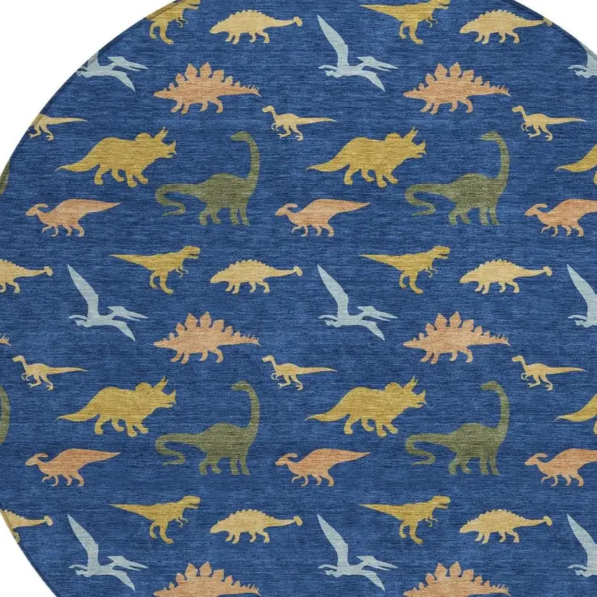 8' Navy Blue And Blue Round Geometric Washable Indoor Outdoor Area Rug Photo 2