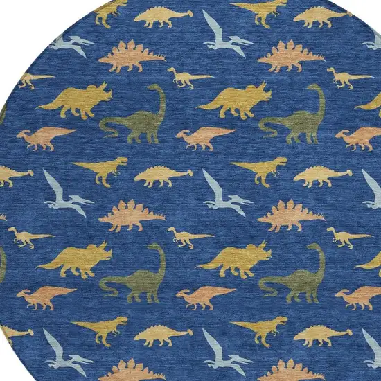 8' Navy Blue And Blue Round Geometric Washable Indoor Outdoor Area Rug Photo 2
