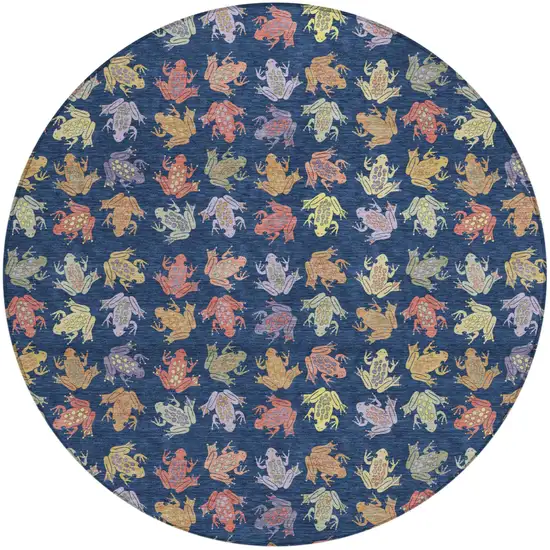 8' Navy Blue And Blue Round Geometric Washable Indoor Outdoor Area Rug Photo 1
