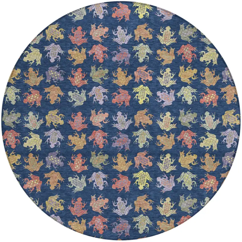 8' Navy Blue And Blue Round Geometric Washable Indoor Outdoor Area Rug Photo 1