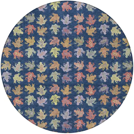 8' Navy Blue And Blue Round Geometric Washable Indoor Outdoor Area Rug Photo 3