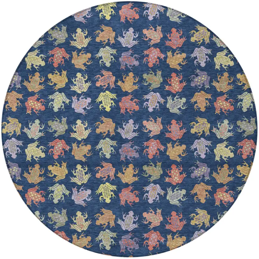 8' Navy Blue And Blue Round Geometric Washable Indoor Outdoor Area Rug Photo 3