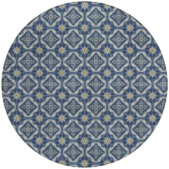 8' Navy Blue And Blue Round Geometric Washable Indoor Outdoor Area Rug Photo 3