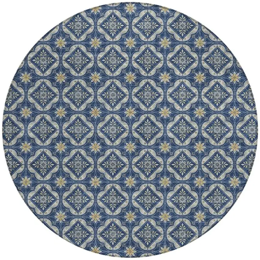 8' Navy Blue And Blue Round Geometric Washable Indoor Outdoor Area Rug Photo 3
