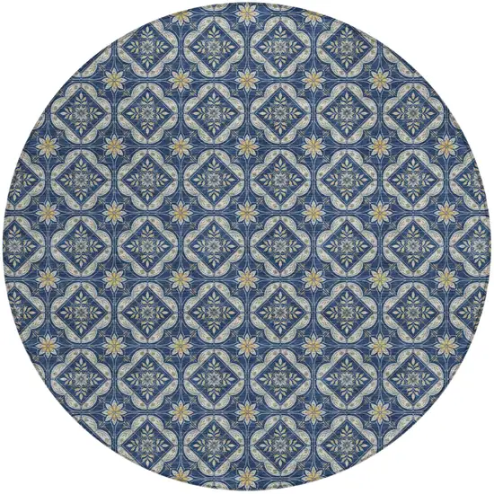 8' Navy Blue And Blue Round Geometric Washable Indoor Outdoor Area Rug Photo 1