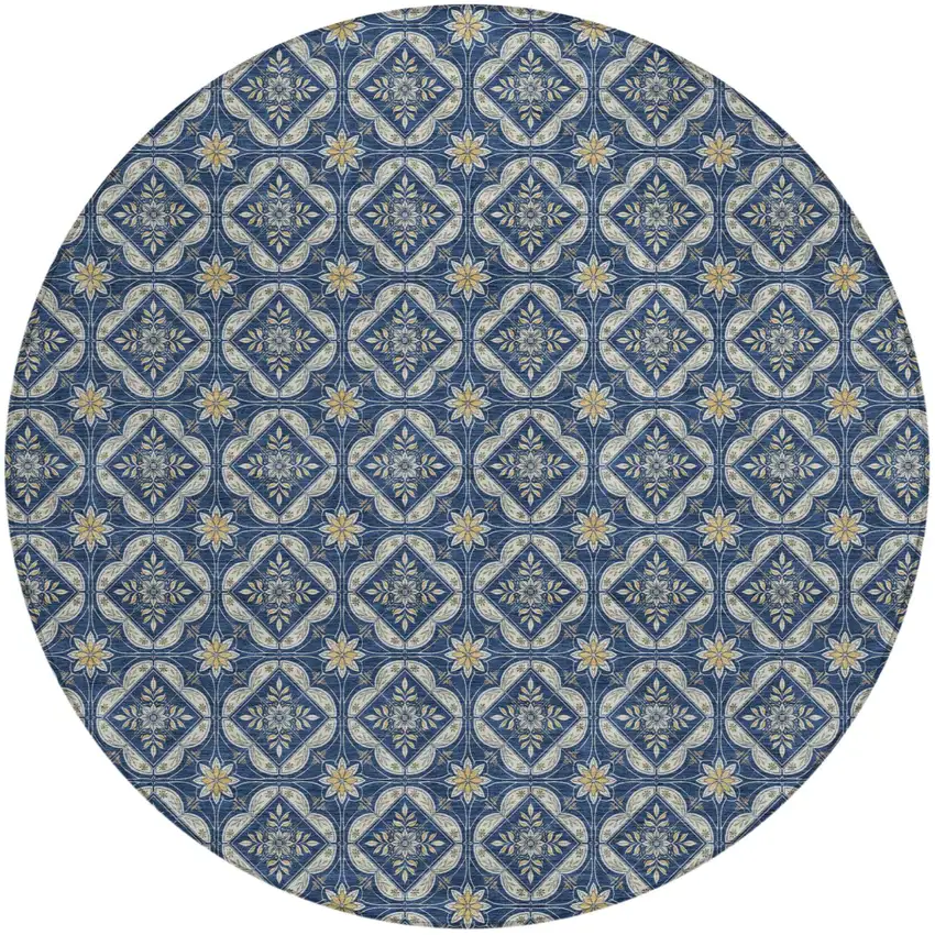 8' Navy Blue And Blue Round Geometric Washable Indoor Outdoor Area Rug Photo 1