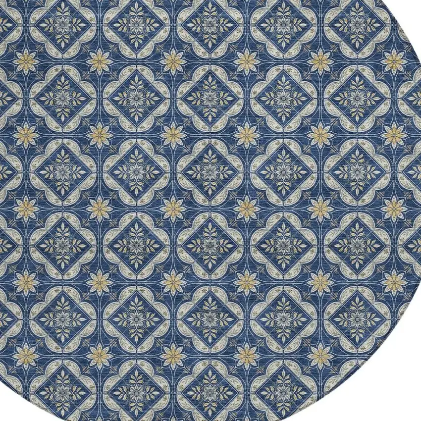 8' Navy Blue And Blue Round Geometric Washable Indoor Outdoor Area Rug Photo 2