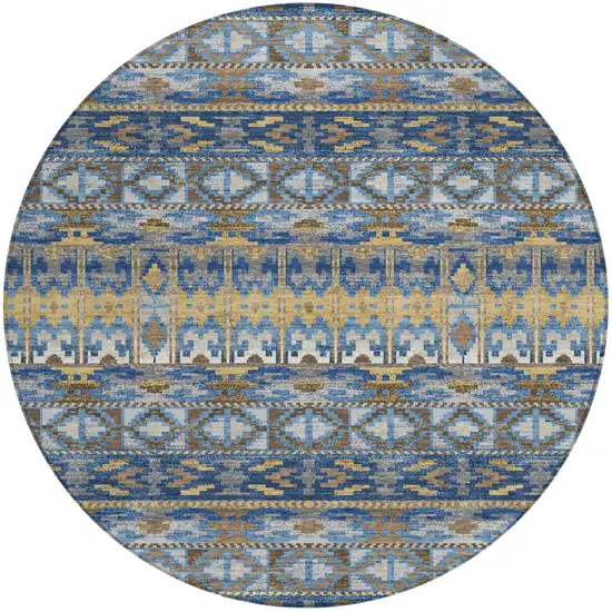 8' Navy Blue And Blue Round Geometric Washable Indoor Outdoor Area Rug Photo 1