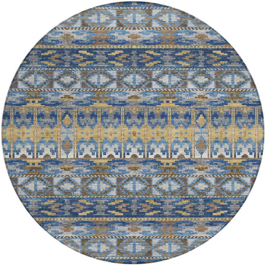 8' Navy Blue And Blue Round Geometric Washable Indoor Outdoor Area Rug Photo 1