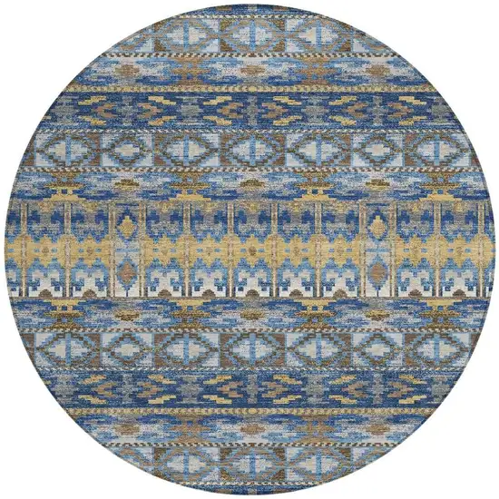8' Navy Blue And Blue Round Geometric Washable Indoor Outdoor Area Rug Photo 3