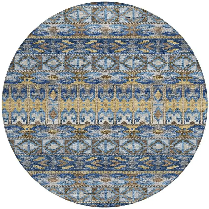 8' Navy Blue And Blue Round Geometric Washable Indoor Outdoor Area Rug Photo 3