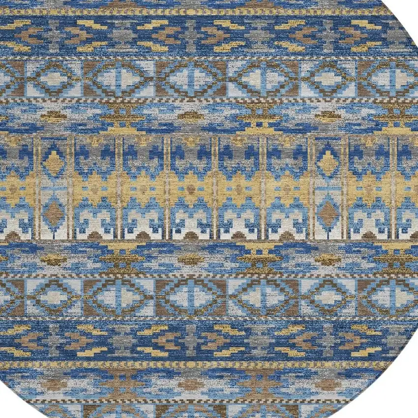 8' Navy Blue And Blue Round Geometric Washable Indoor Outdoor Area Rug Photo 2