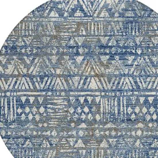 8' Navy Blue And Blue Round Geometric Washable Indoor Outdoor Area Rug Photo 2