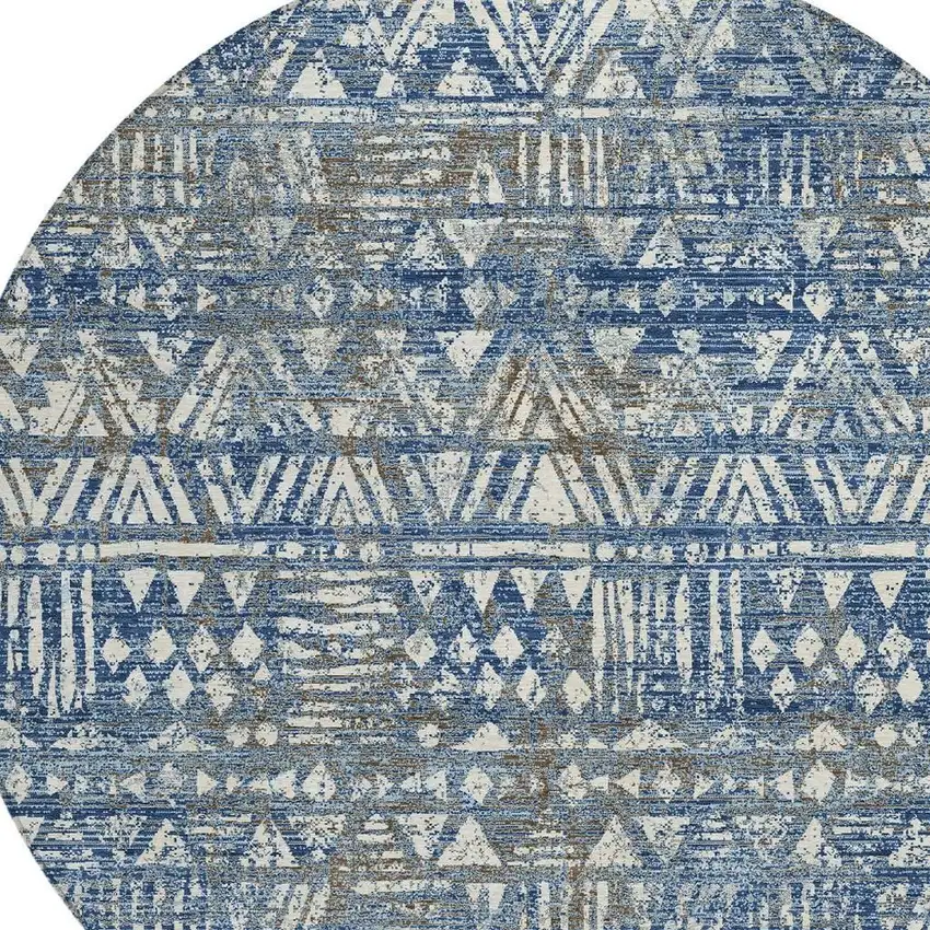 8' Navy Blue And Blue Round Geometric Washable Indoor Outdoor Area Rug Photo 2