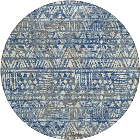 8' Navy Blue And Blue Round Geometric Washable Indoor Outdoor Area Rug Photo 1