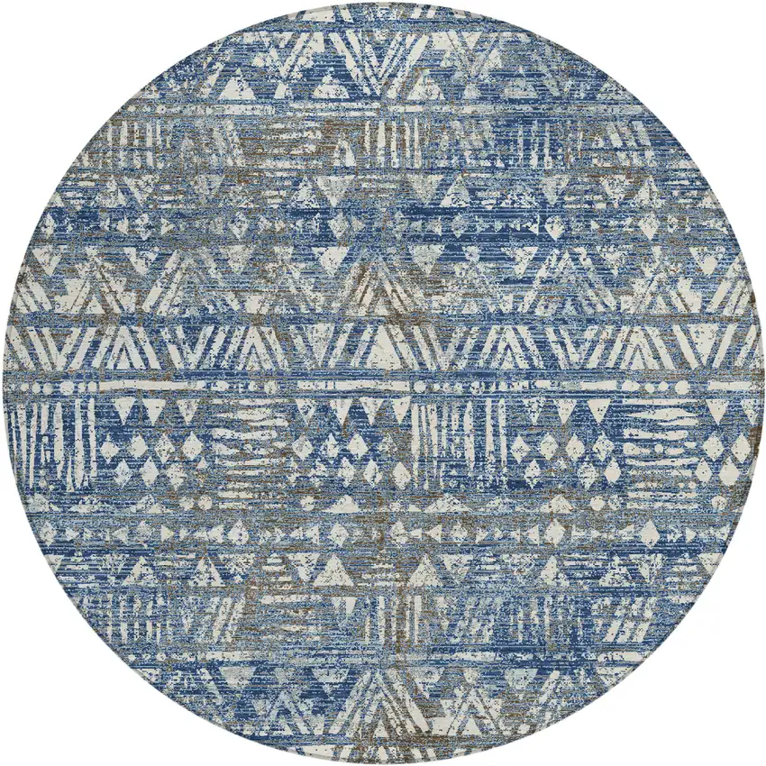 8' Navy Blue And Blue Round Geometric Washable Indoor Outdoor Area Rug Photo 1