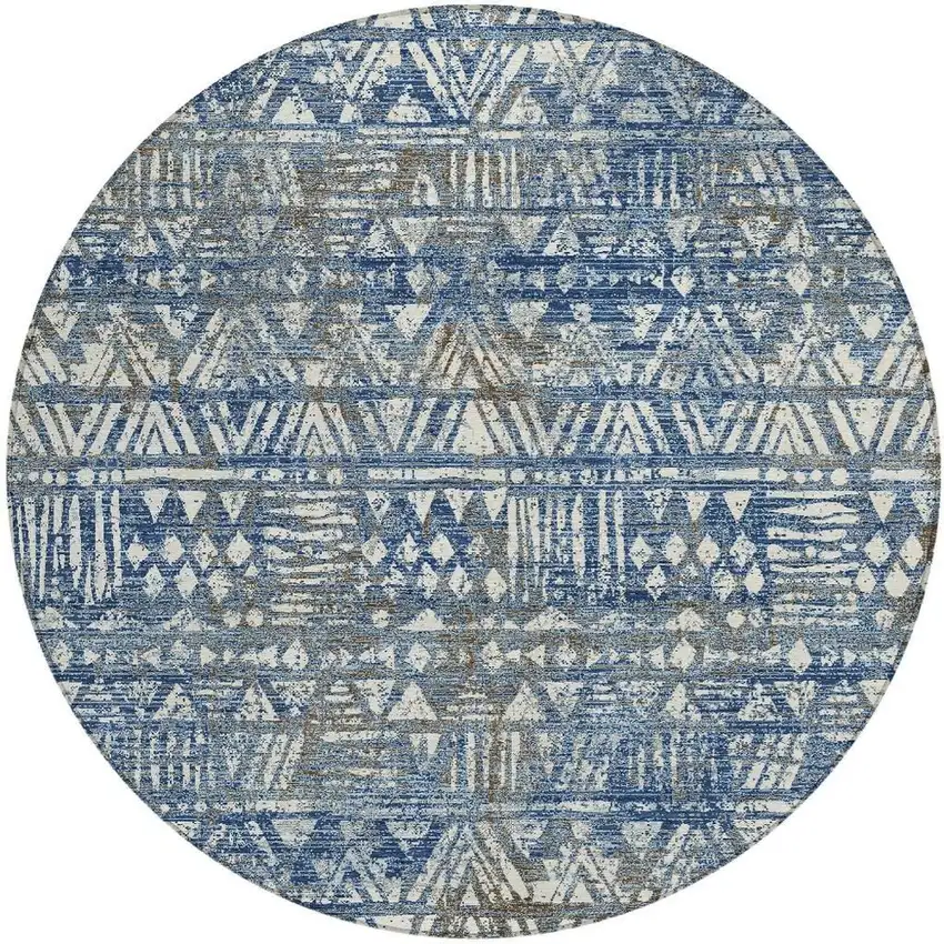 8' Navy Blue And Blue Round Geometric Washable Indoor Outdoor Area Rug Photo 3