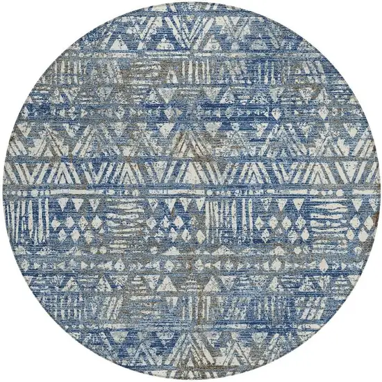 8' Navy Blue And Blue Round Geometric Washable Indoor Outdoor Area Rug Photo 3