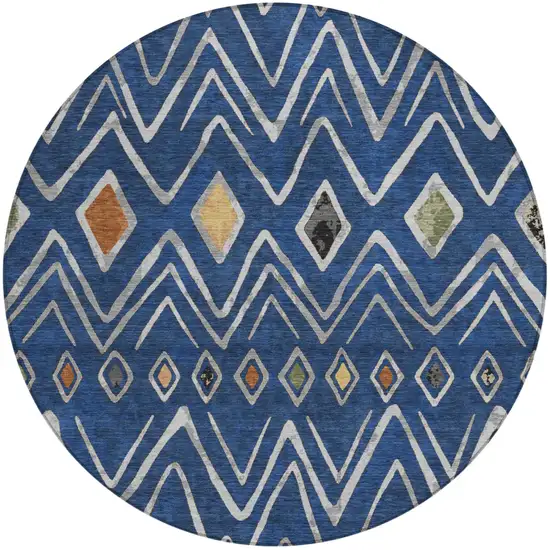 8' Navy Blue And Blue Round Geometric Washable Indoor Outdoor Area Rug Photo 2
