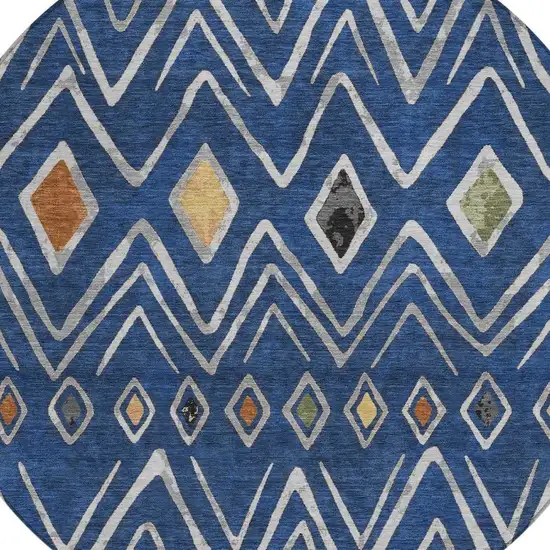 8' Navy Blue And Blue Round Geometric Washable Indoor Outdoor Area Rug Photo 3