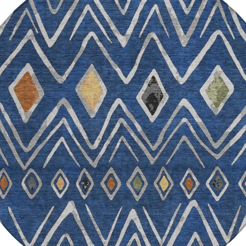 8' Navy Blue And Blue Round Geometric Washable Indoor Outdoor Area Rug Photo 3