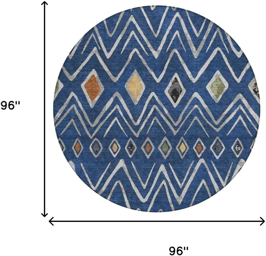 8' Navy Blue And Blue Round Geometric Washable Indoor Outdoor Area Rug Photo 7