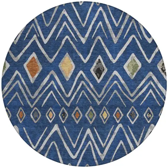 8' Navy Blue And Blue Round Geometric Washable Indoor Outdoor Area Rug Photo 4