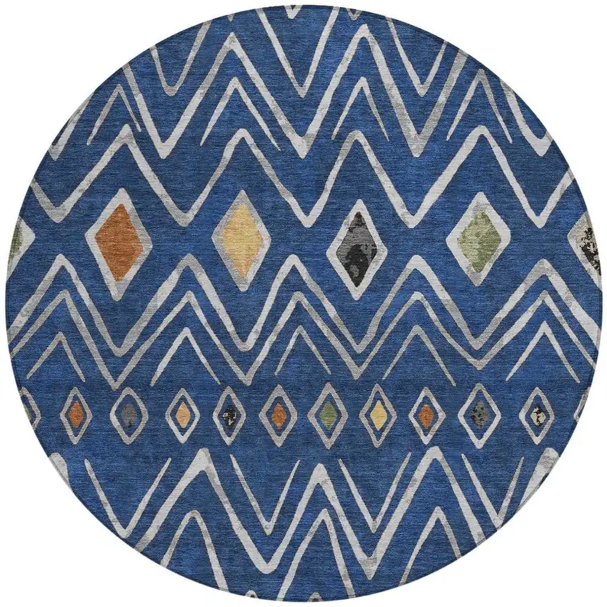 8' Navy Blue And Blue Round Geometric Washable Indoor Outdoor Area Rug Photo 4