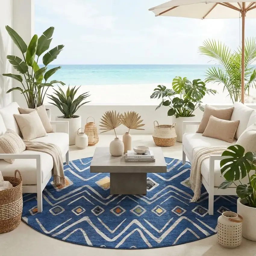 8' Navy Blue And Blue Round Geometric Washable Indoor Outdoor Area Rug Photo 1