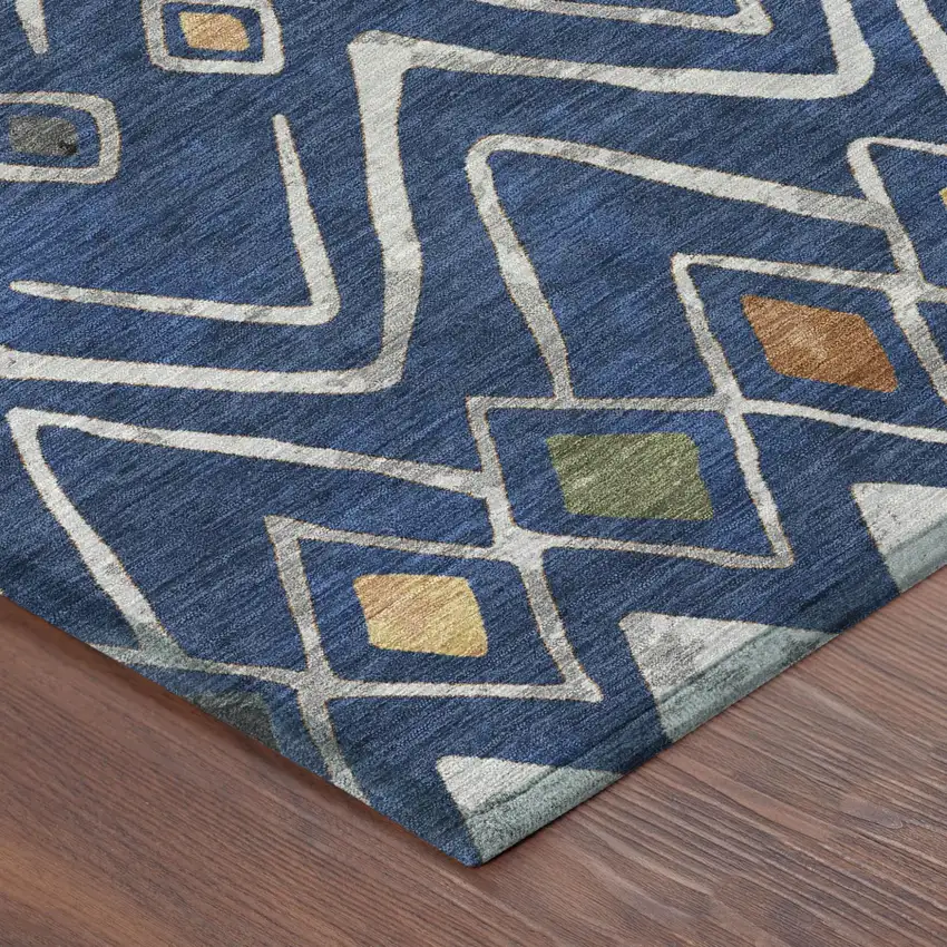 8' Navy Blue And Blue Round Geometric Washable Indoor Outdoor Area Rug Photo 5