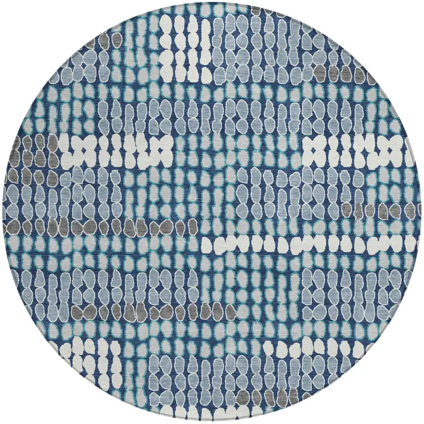 8' Navy Blue And Blue Round Geometric Washable Indoor Outdoor Area Rug Photo 2