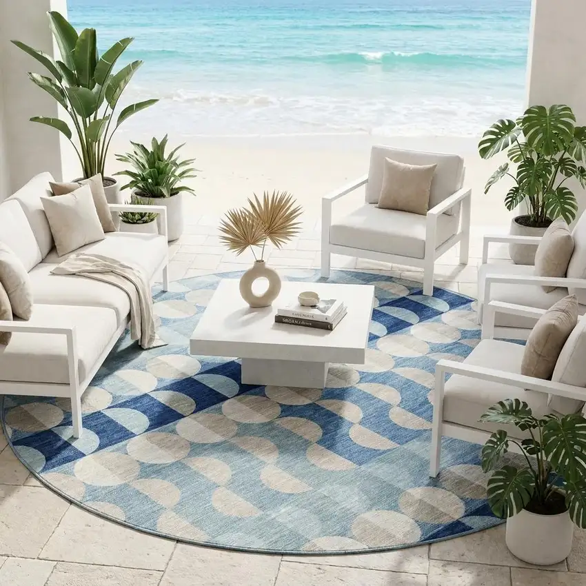 8' Navy Blue And Blue Round Geometric Washable Indoor Outdoor Area Rug Photo 1