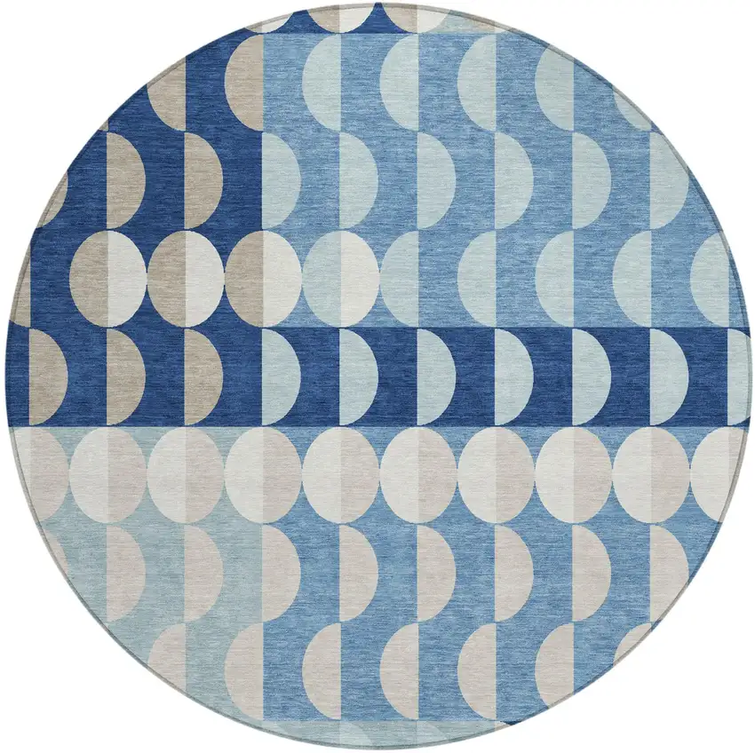 8' Navy Blue And Blue Round Geometric Washable Indoor Outdoor Area Rug Photo 3