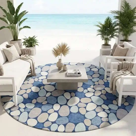 8' Navy Blue And Blue Round Geometric Washable Indoor Outdoor Area Rug Photo 1