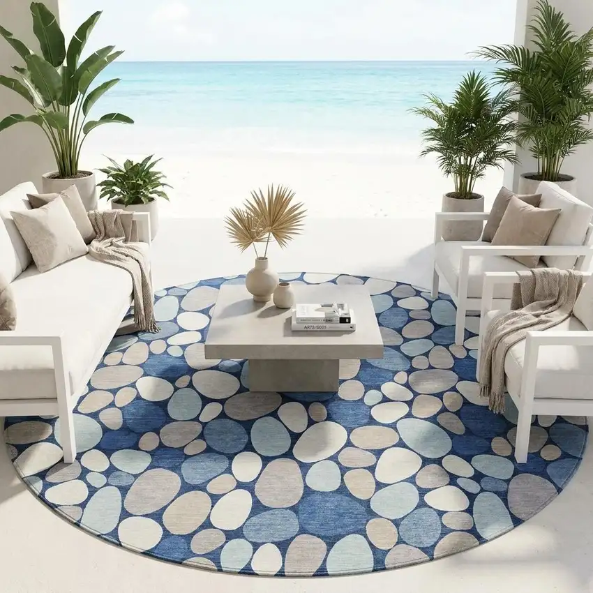 8' Navy Blue And Blue Round Geometric Washable Indoor Outdoor Area Rug Photo 1
