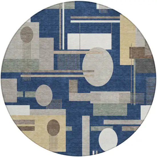 8' Navy Blue And Blue Round Geometric Washable Indoor Outdoor Area Rug Photo 2